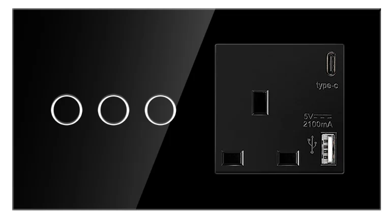 Pech 3 gang Touch switch + UK USB + Type C socket — 146 × 86 mm