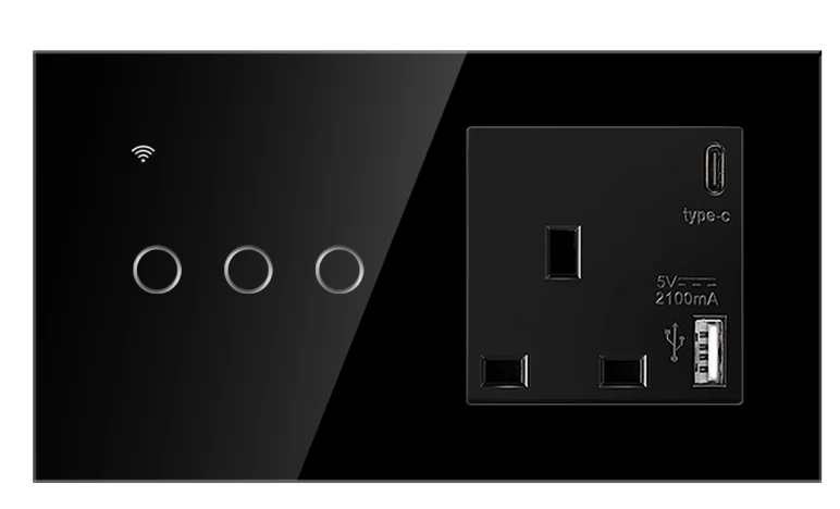 Pech WIFI Smart 3 gang Switch + uk AC socket (neutral wire required), USB & Type-C — 146 × 86 mm