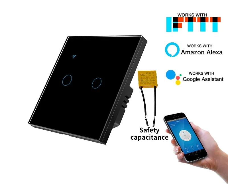 Pech WIFI Smart Switch 2 gang Add Capacitor (works with or without a neutral) — 86 × 86 mm (EU/UK/FR) — view 1 of 3